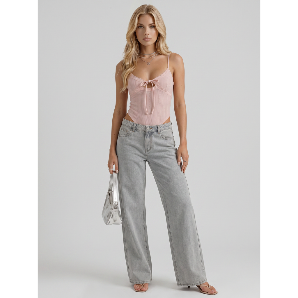 Men's Wide Leg Jeans with Bow Embroidery and Mid Rise - Image 1