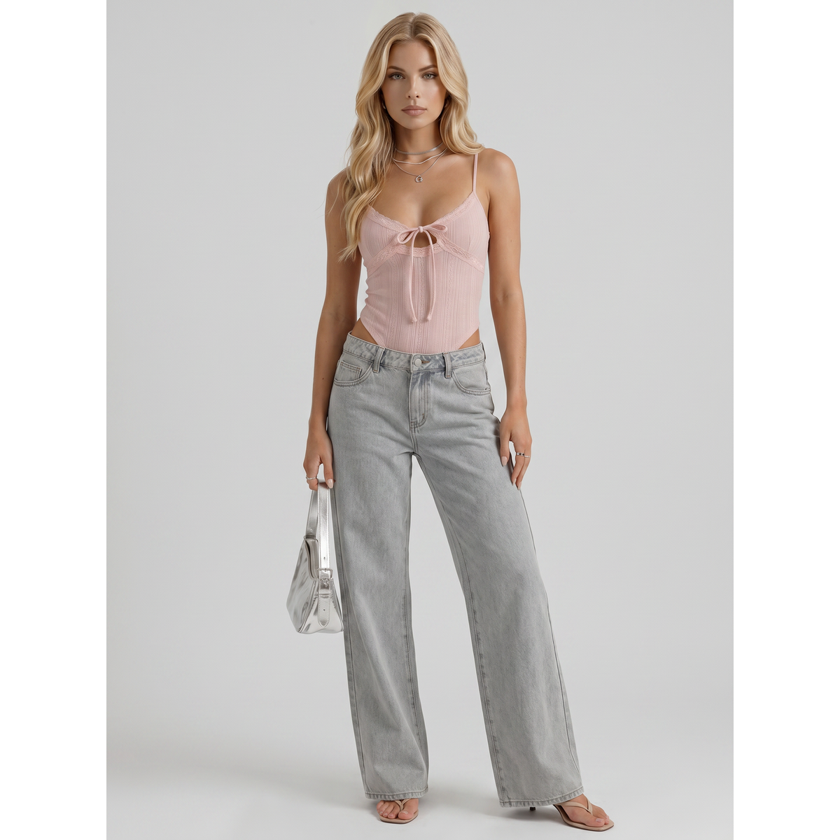 Men's Wide Leg Jeans with Bow Embroidery and Mid Rise - Image 1
