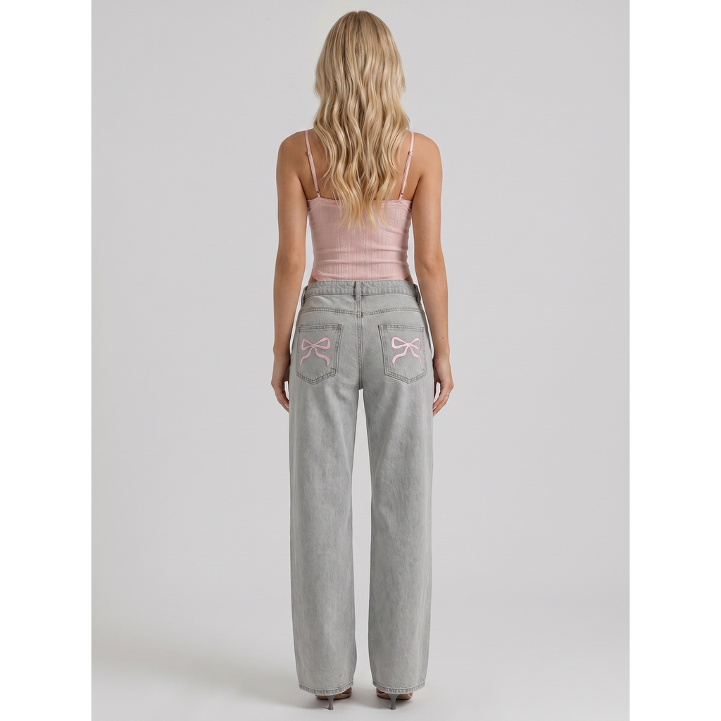 Men's Wide Leg Jeans with Bow Embroidery and Mid Rise - Image 5