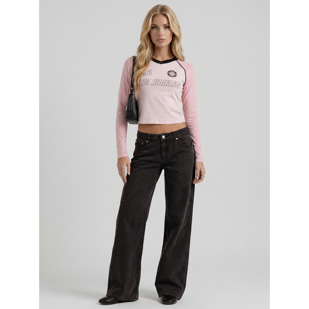 Men's Wide Leg Jeans with Mid Rise and Embroidered Bow Detail - Image 1