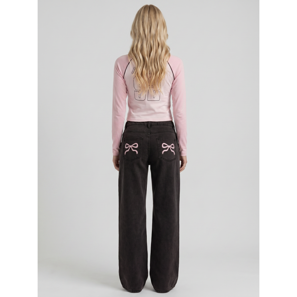 Men's Wide Leg Jeans with Mid Rise and Embroidered Bow Detail - Image 5