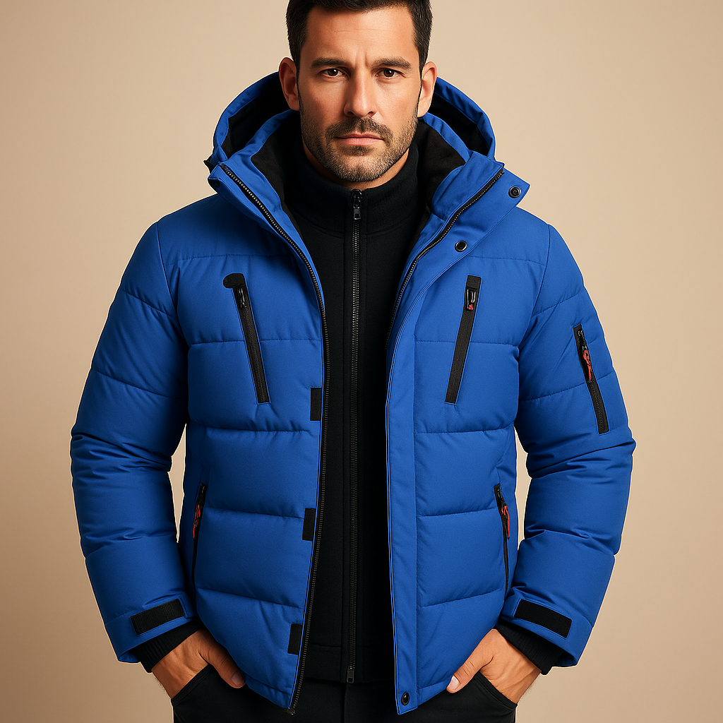 Men's Winter Jacket Hooded Puffer with Zippered Pockets and Insulated Padding - Image 1