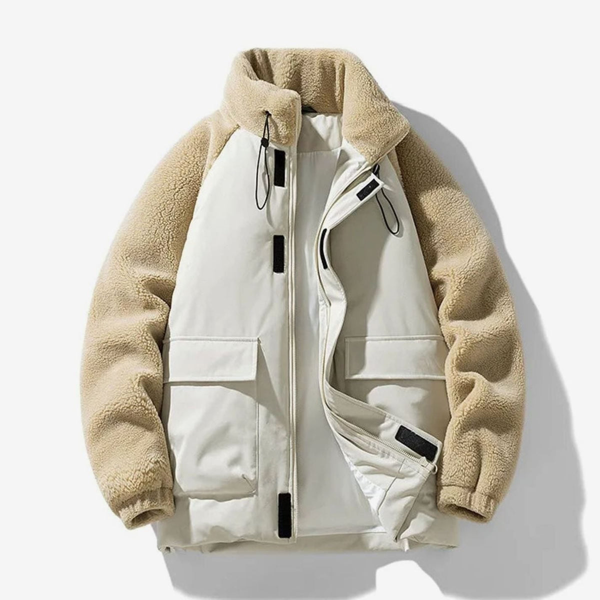 Men's Winter Jackets with Sherpa Fleece Sleeves and Color-Block Design Full Zip - Image 1