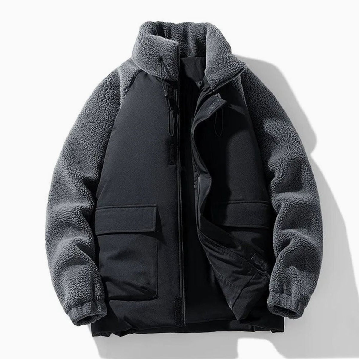 Men's Winter Jackets with Sherpa Fleece Sleeves and Color-Block Design Full Zip - Image 3