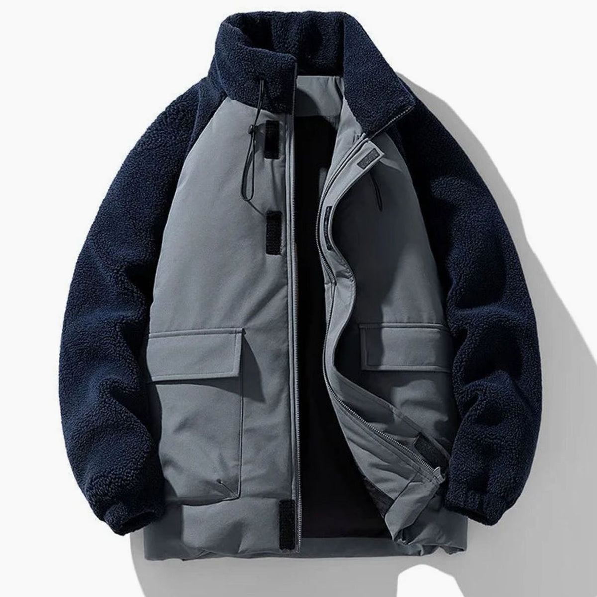 Men's Winter Jackets with Sherpa Fleece Sleeves and Color-Block Design Full Zip - Image 4