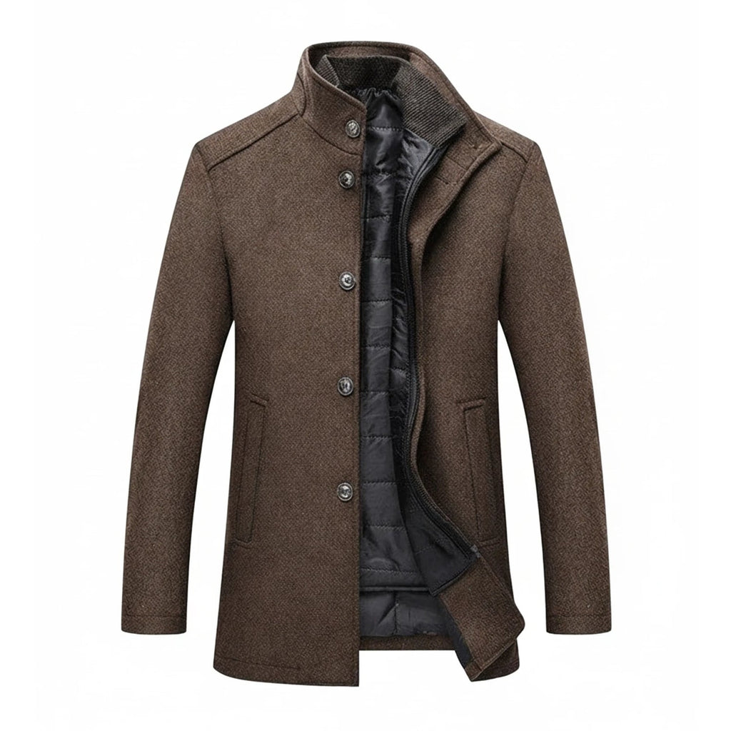 Men's Wool Coat Overcoat Topcoat with Stand Collar Slim Fit Quilted Lining - Image 1