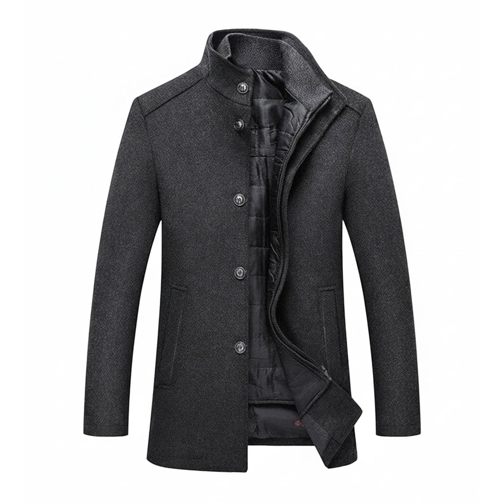 Men's Wool Coat Overcoat Topcoat with Stand Collar Slim Fit Quilted Lining - Image 2