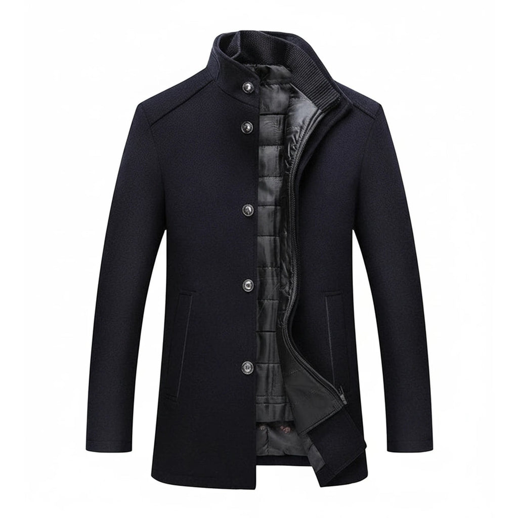Men's Wool Coat Overcoat Topcoat with Stand Collar Slim Fit Quilted Lining - Image 3