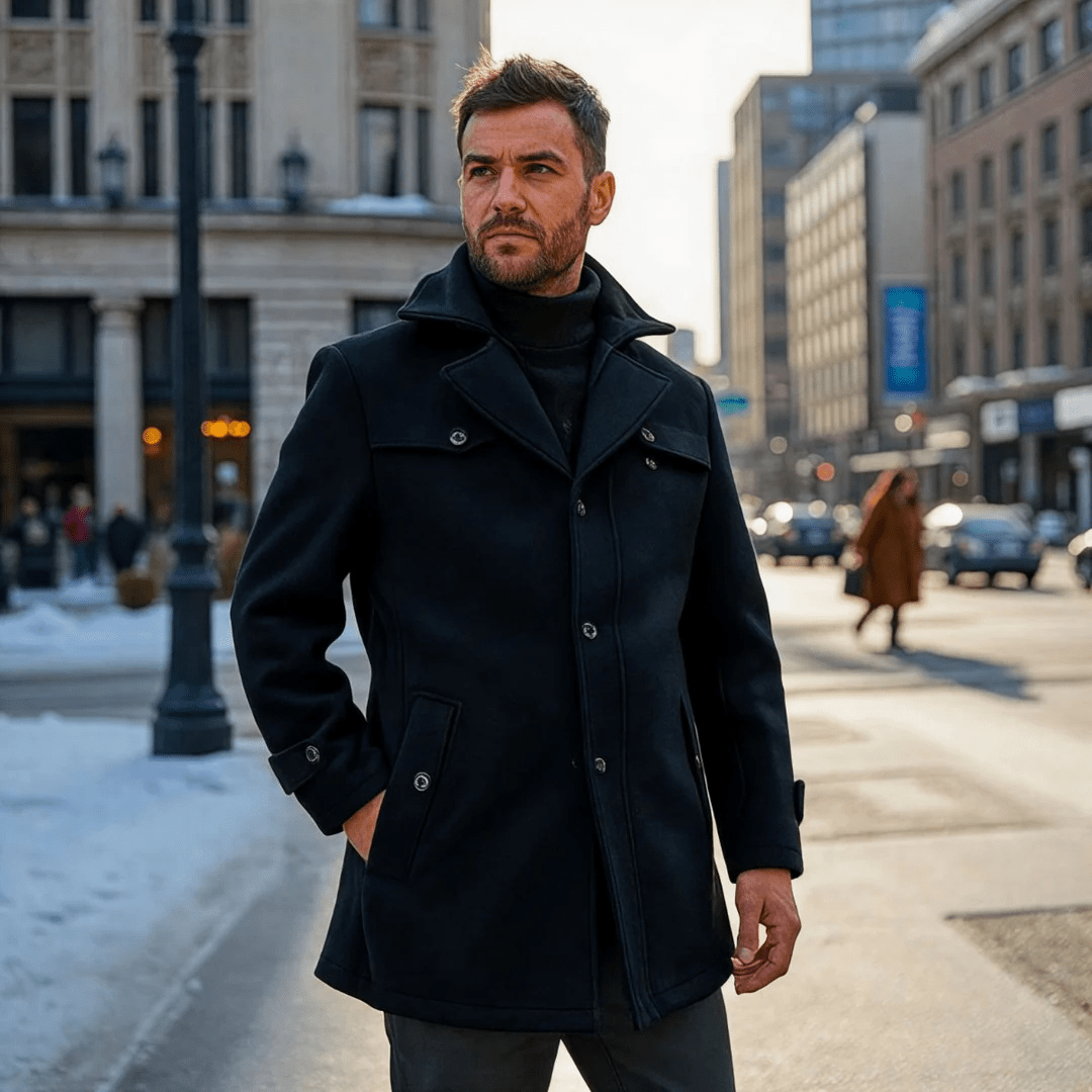 Men's Wool Trench Overcoat with Layered Collar and Zip Chest Pocket Slim Fit - Image 1