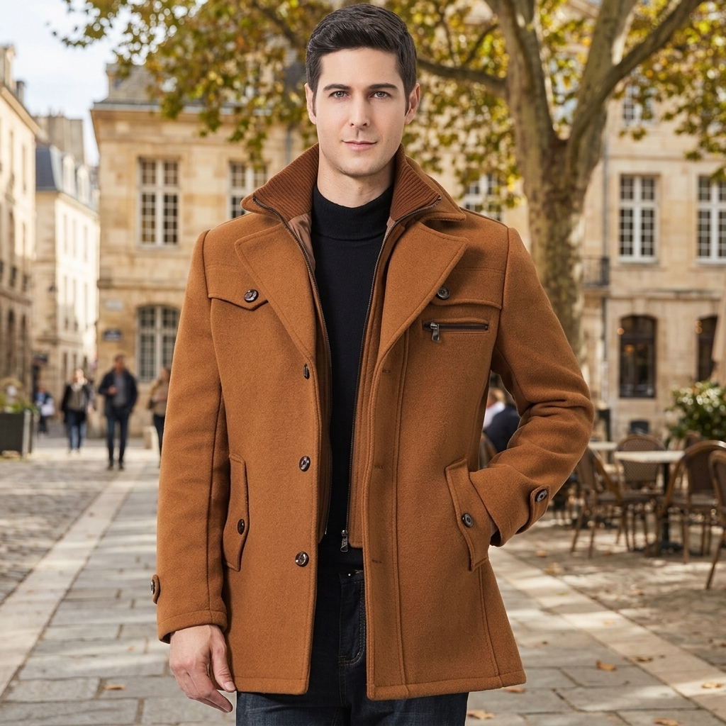 Men's Wool Trench Overcoat with Layered Collar and Zip Chest Pocket Slim Fit - Image 12