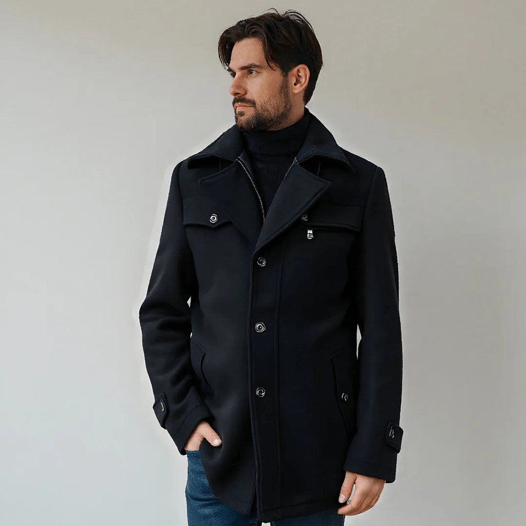 Men's Wool Trench Overcoat with Layered Collar and Zip Chest Pocket Slim Fit - Image 4