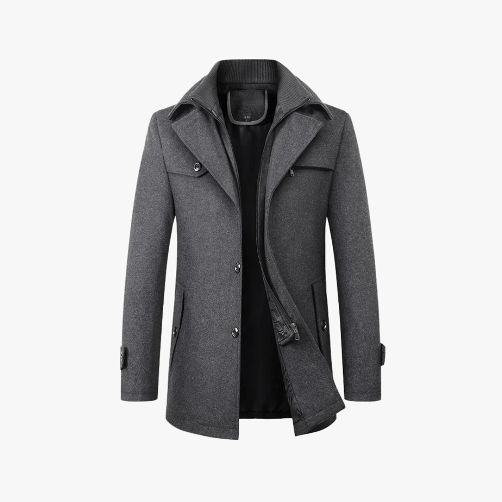 Men's Wool Trench Overcoat with Layered Collar and Zip Chest Pocket Slim Fit - Image 7