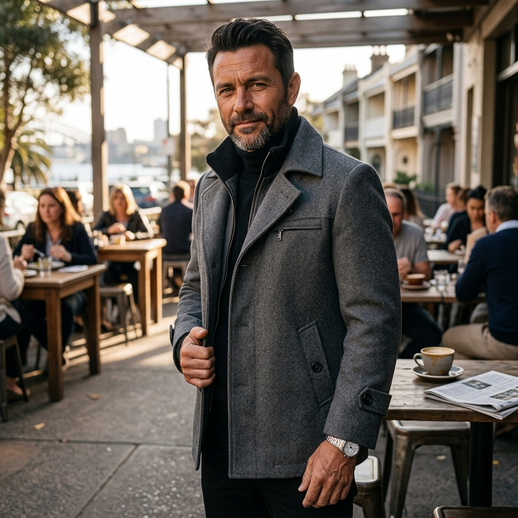 Men's Wool Trench Overcoat with Layered Collar and Zip Chest Pocket Slim Fit - Image 9