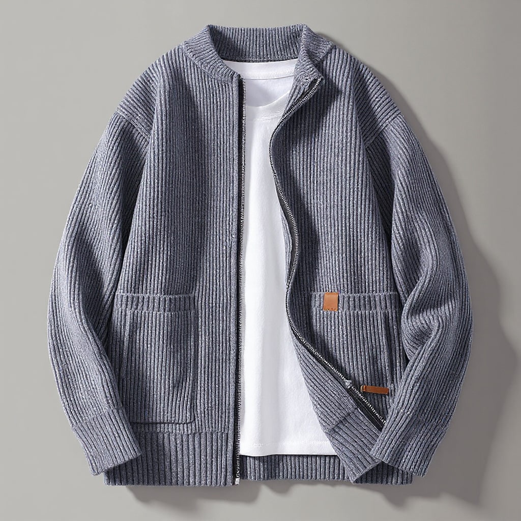 Men's Zip Cardigan Sweater with Ribbed Knit and Front Pockets - Image 1