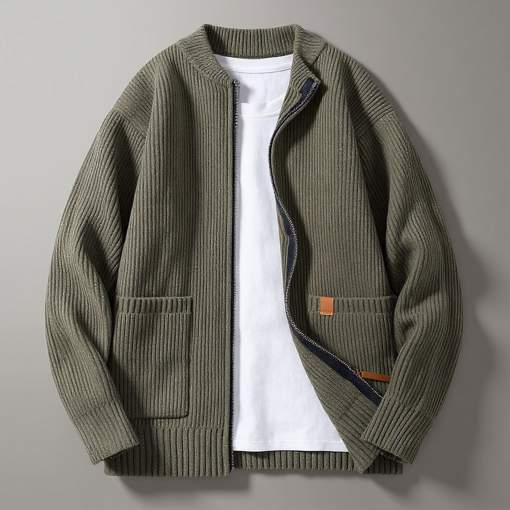 Men's Zip Cardigan Sweater with Ribbed Knit and Front Pockets - Image 2