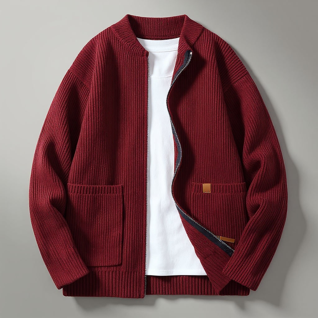 Men's Zip Cardigan Sweater with Ribbed Knit and Front Pockets - Image 3