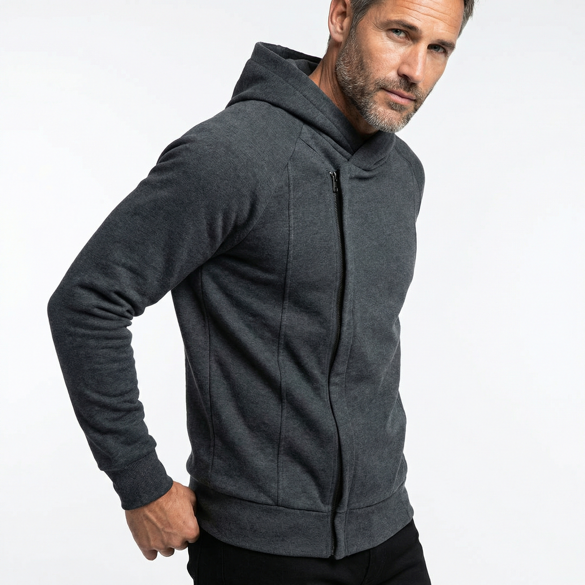 Men's Zip Up Fleece Hoodie with Asymmetrical Closure and Raglan Sleeves - Image 4