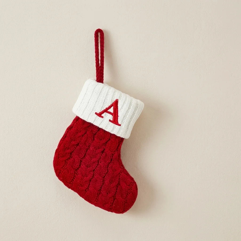 Mini Cable Knit Christmas Stocking Stuffers with Embroidered Initial and Snowflake Detail - Image 1