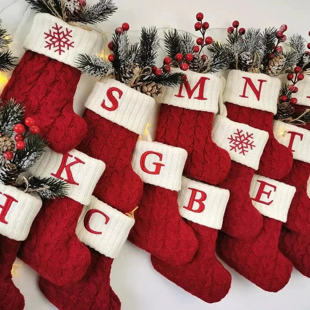 Mini Cable Knit Christmas Stocking Stuffers with Embroidered Initial and Snowflake Detail - Image 2