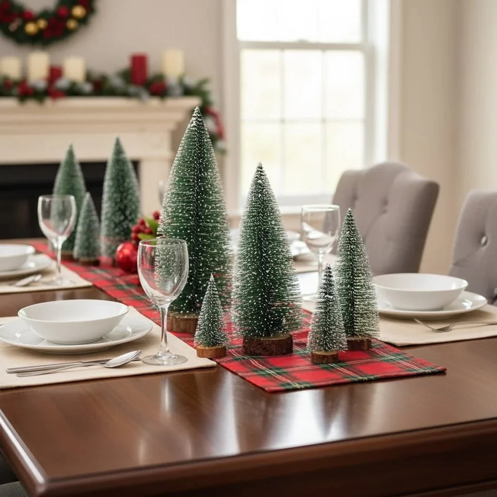 Miniature Christmas Trees with White Flocked Snow Covered Bottle Brush and Wooden Base - Image 2