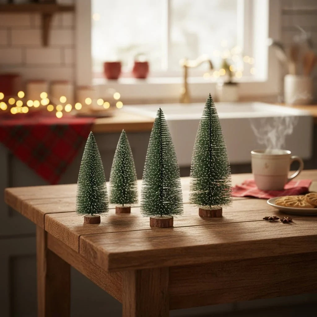 Miniature Christmas Trees with White Flocked Snow Covered Bottle Brush and Wooden Base - Image 3
