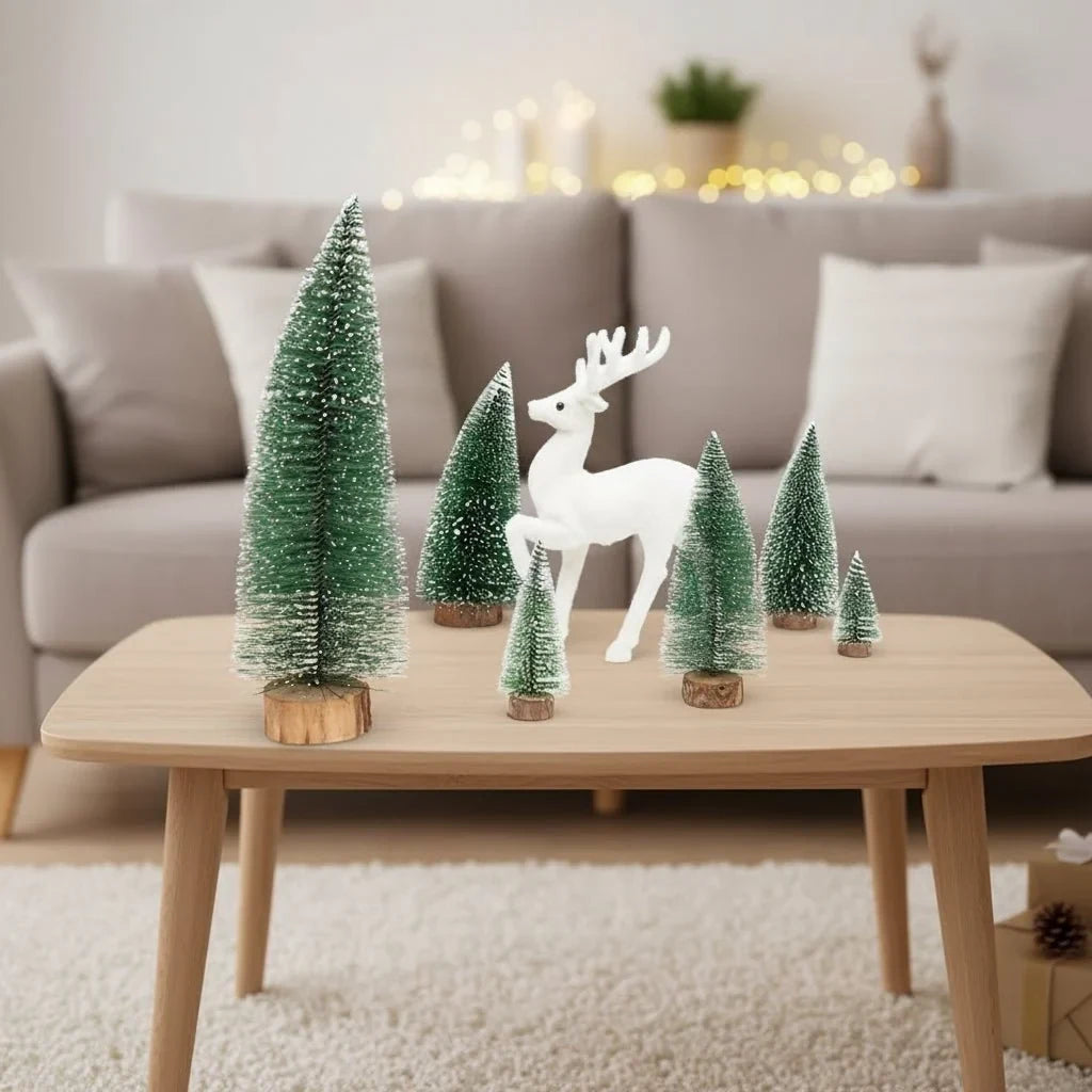 Miniature Christmas Trees with White Flocked Snow Covered Bottle Brush and Wooden Base - Image 4