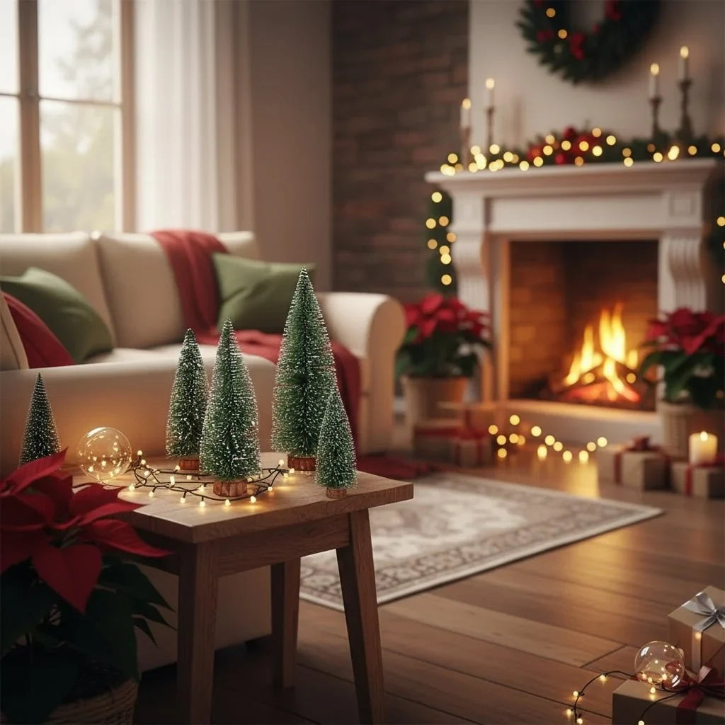 Miniature Christmas Trees with White Flocked Snow Covered Bottle Brush and Wooden Base - Image 5