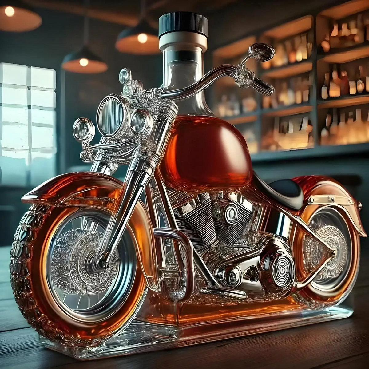 Motorcycle Whiskey Decanter with Glass Molded Design and Textured Spoke Wheels - Image 1