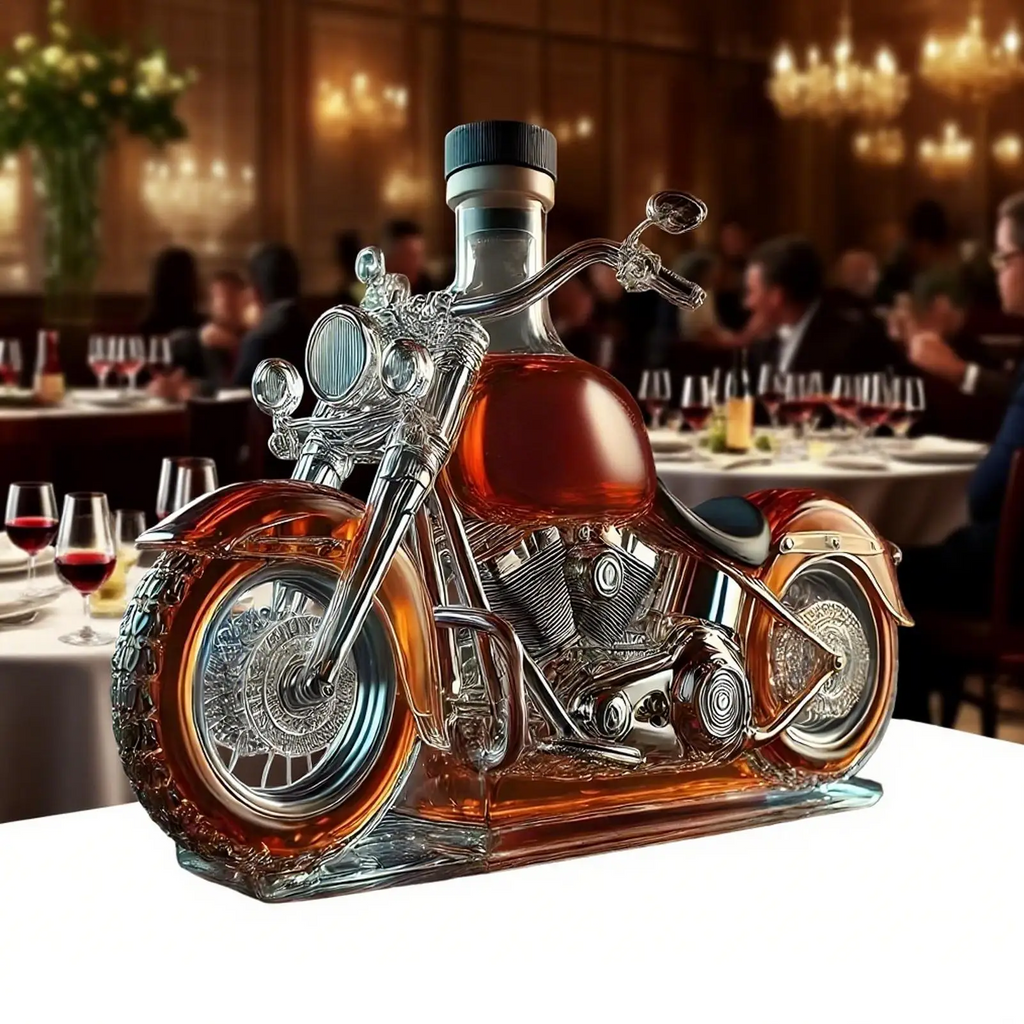 Motorcycle Whiskey Decanter with Glass Molded Design and Textured Spoke Wheels - Image 2