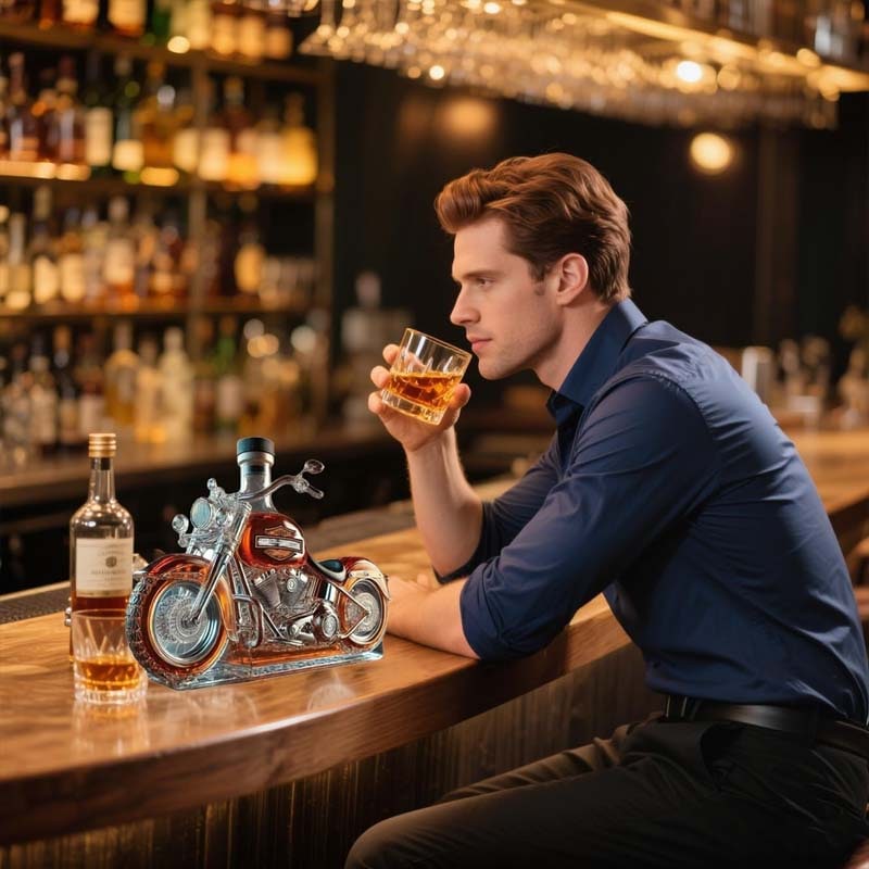 Motorcycle Whiskey Decanter with Glass Molded Design and Textured Spoke Wheels - Image 3