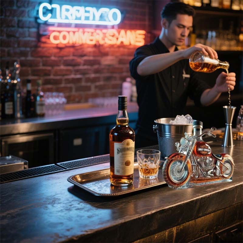 Motorcycle Whiskey Decanter with Glass Molded Design and Textured Spoke Wheels - Image 5