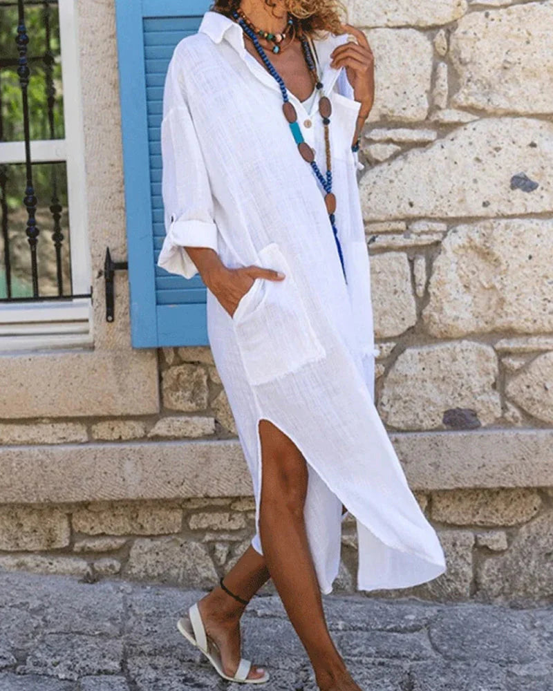 Nicole | Donna Abito Camicia Maxi Estivo in Lino Asimmetrico