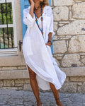 Nicole | Donna Abito Camicia Maxi Estivo in Lino Asimmetrico Bianco