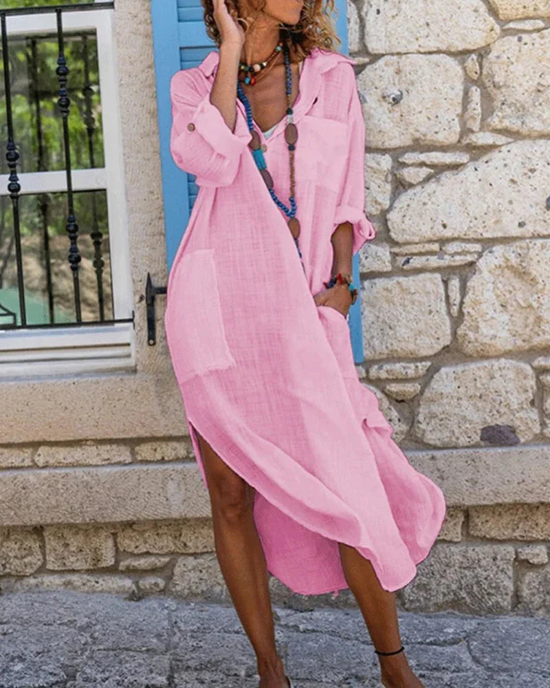 Nicole | Donna Abito Camicia Maxi Estivo in Lino Asimmetrico Rosa