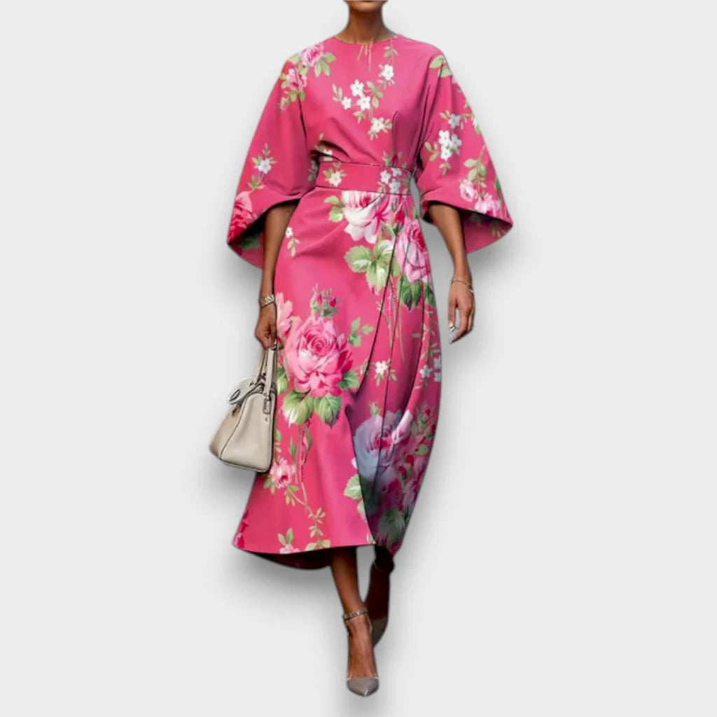 Nicole | Vestito Midi Floreale Maniche Ampie Rosa