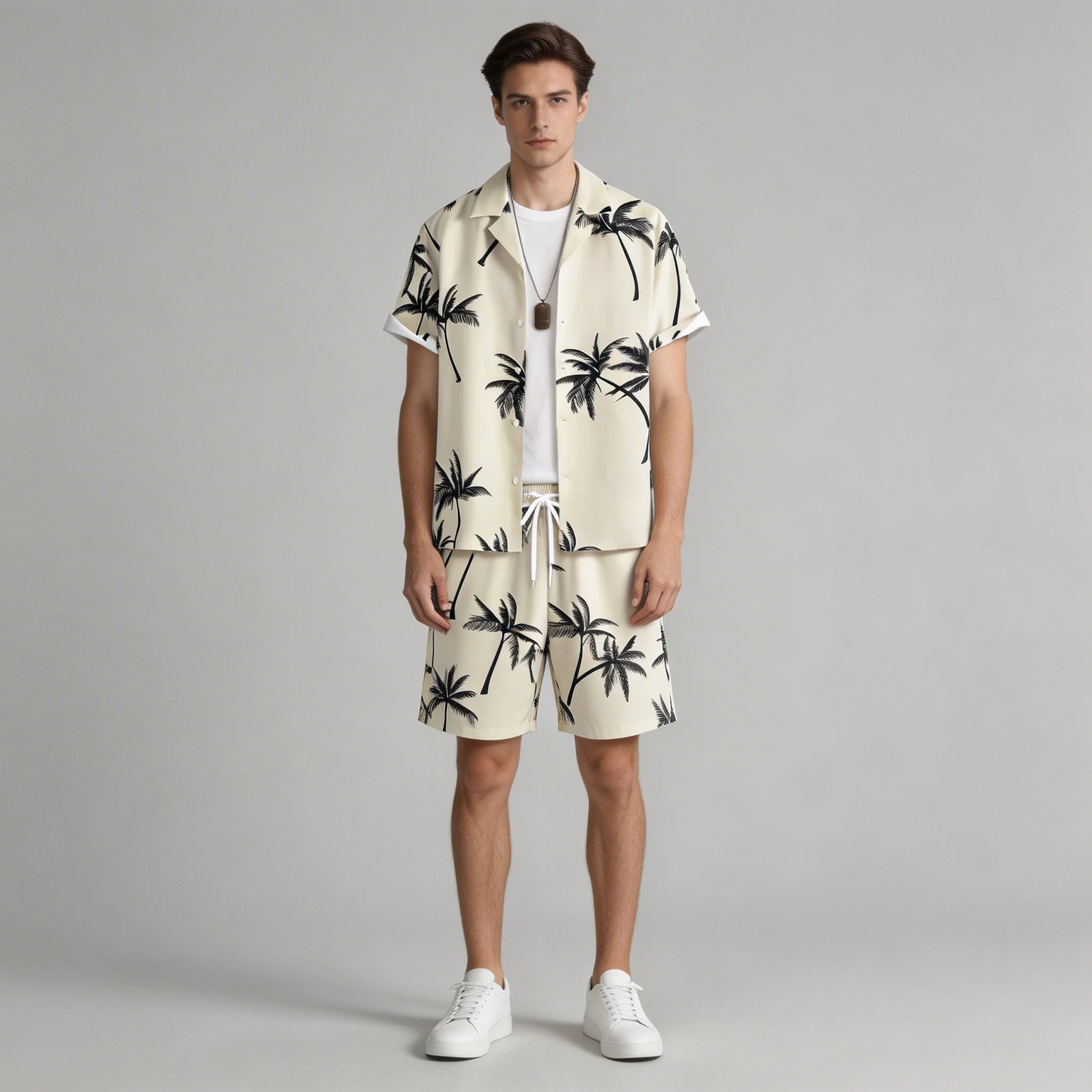 Nicolò | Completo Uomo Stampa Palme Camicia e Shorts