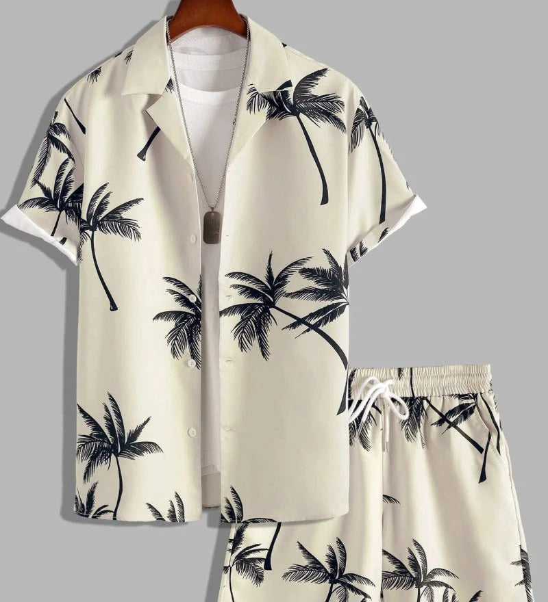 Nicolò | Completo Uomo Stampa Palme Camicia e Shorts Beige