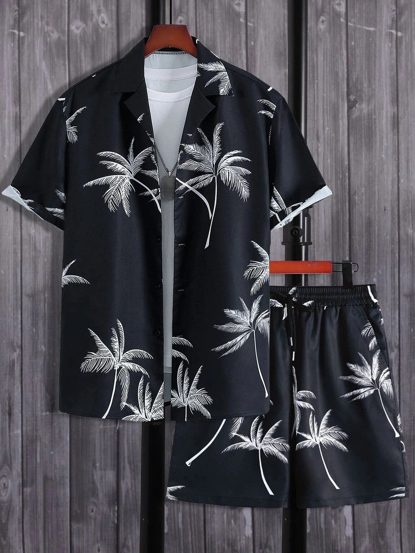 Nicolò | Completo Uomo Stampa Palme Camicia e Shorts Nero