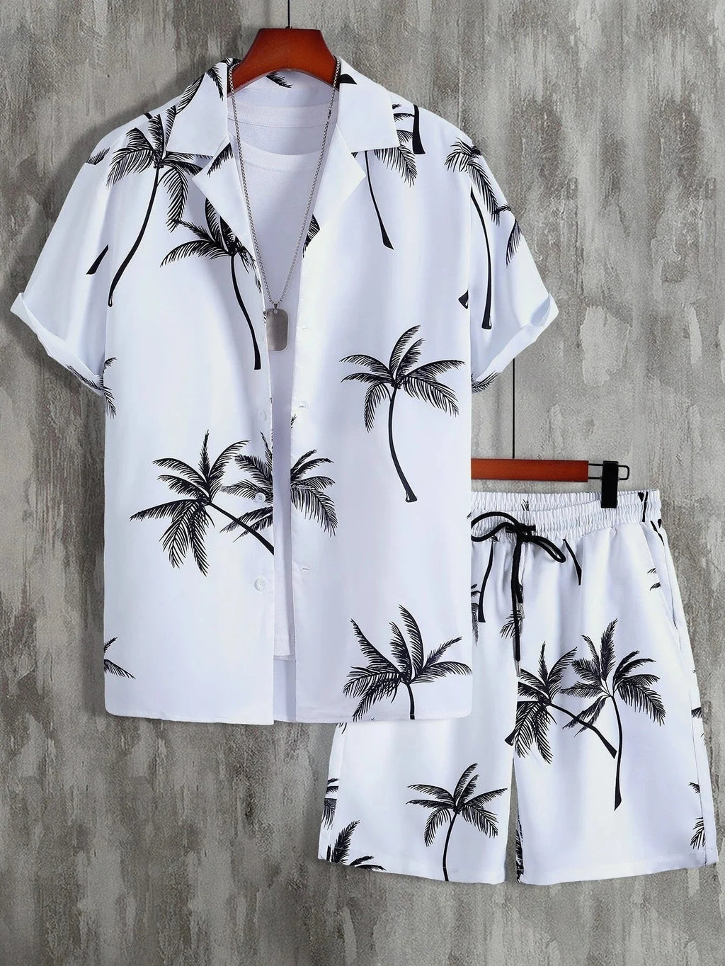 Nicolò | Completo Uomo Stampa Palme Camicia e Shorts Bianco