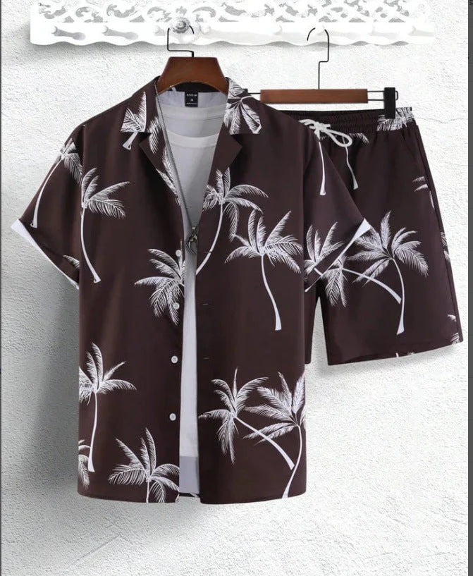 Nicolò | Completo Uomo Stampa Palme Camicia e Shorts Verde