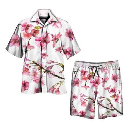 Nicolò | Completo Uomo Stampa Palme Camicia e Shorts Rosa
