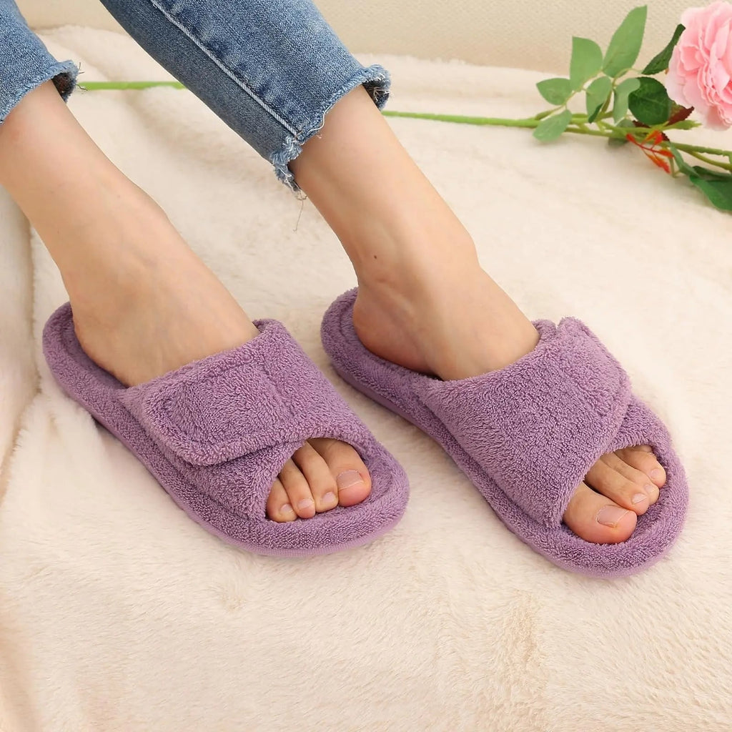 Open-Toe House Slippers with Terry Cloth, Adjustable Strap and Arch Support - Image 2
