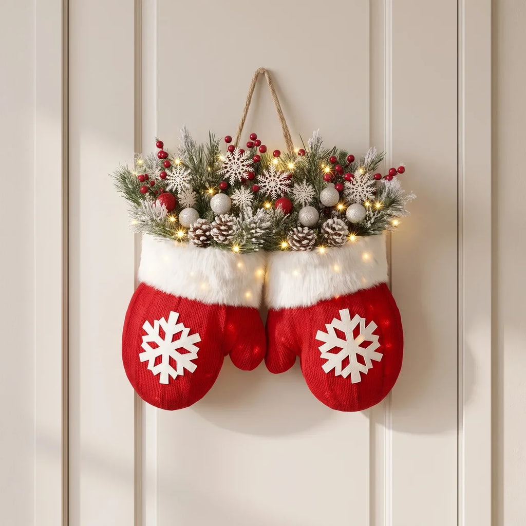 Outdoor Christmas Lights Door Hanger with LED Frosted Pinecones and Faux Greenery - Image 1