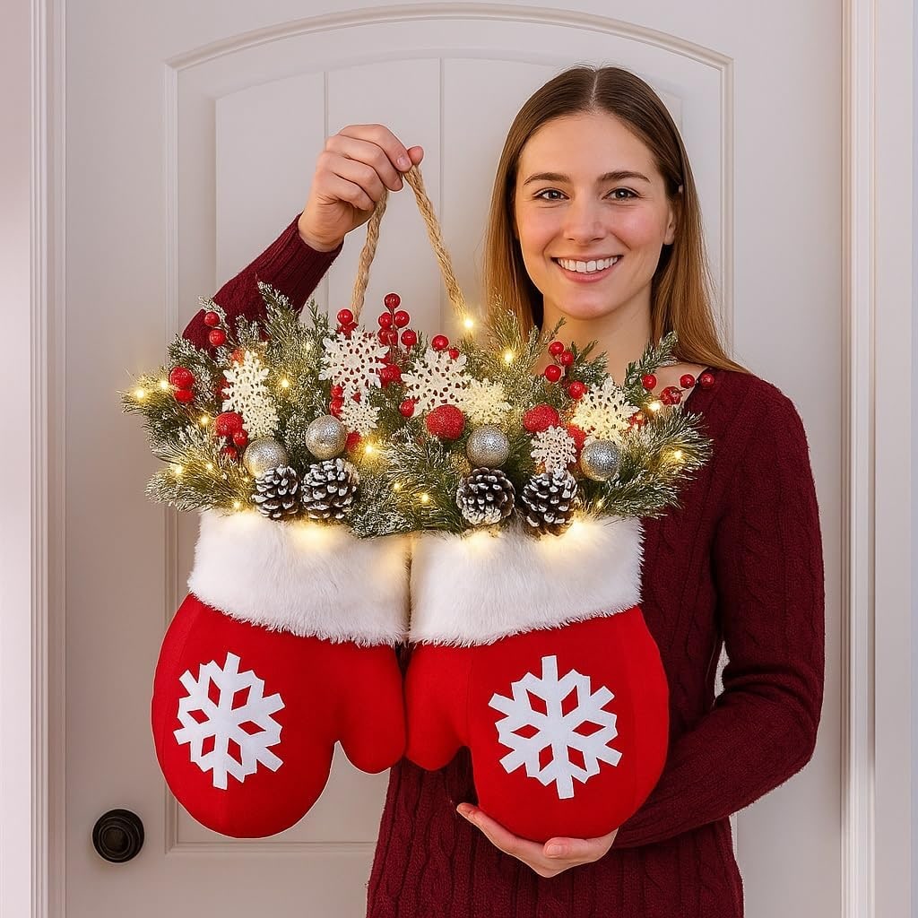 Outdoor Christmas Lights Door Hanger with LED Frosted Pinecones and Faux Greenery - Image 2