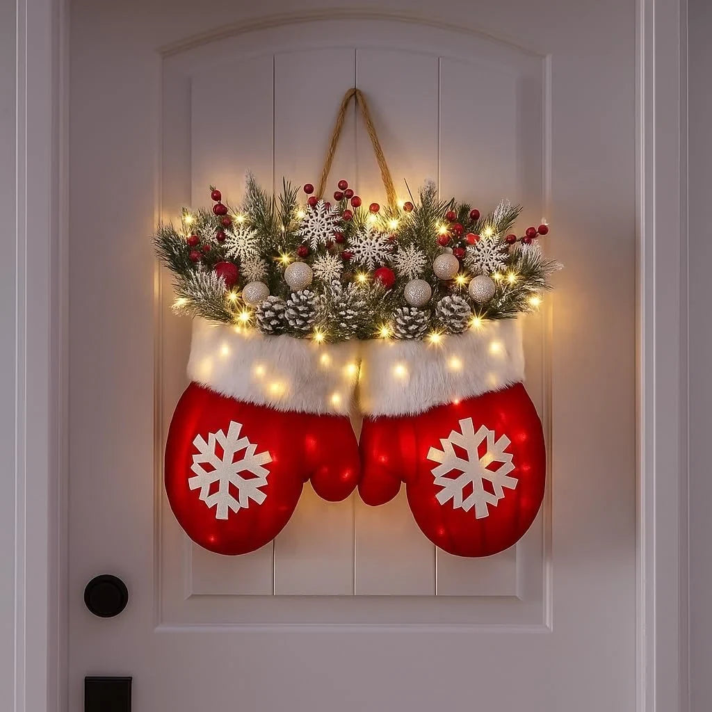 Outdoor Christmas Lights Door Hanger with LED Frosted Pinecones and Faux Greenery - Image 3