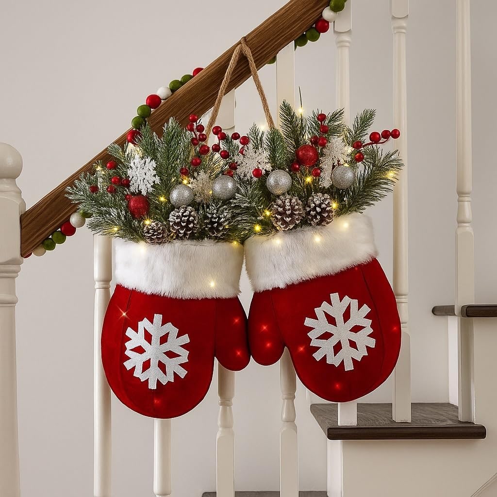 Outdoor Christmas Lights Door Hanger with LED Frosted Pinecones and Faux Greenery - Image 5