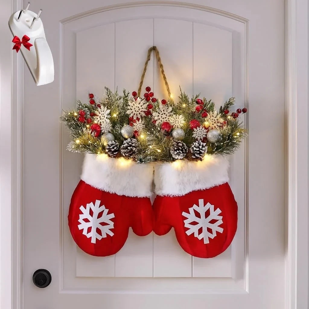 Outdoor Christmas Lights Door Hanger with LED Frosted Pinecones and Faux Greenery - Image 6