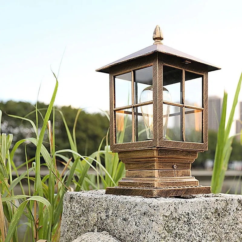 Outdoor Post Light Fixtures with Lantern Design Weather Resistant Glass Panels and Pyramid Roof - Image 1