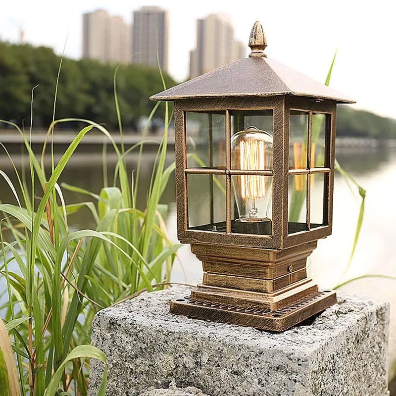 Outdoor Post Light Fixtures with Lantern Design Weather Resistant Glass Panels and Pyramid Roof - Image 5