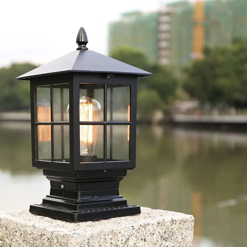 Outdoor Post Light Fixtures with Lantern Design Weather Resistant Glass Panels and Pyramid Roof - Image 6